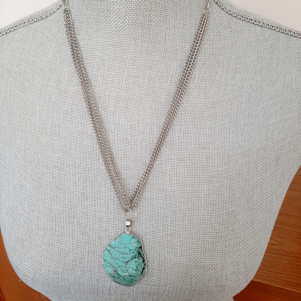 Silver Multiple Strand Chain Necklace with Turquoise Polished Stone  Pendant